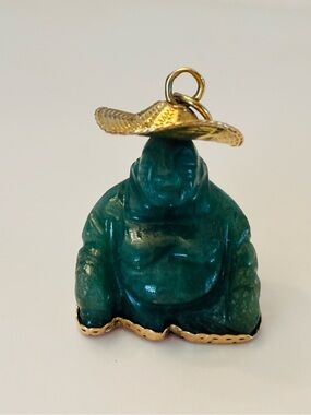 Vintage Green Jade Buddha Pendant with Gold Base & Hat